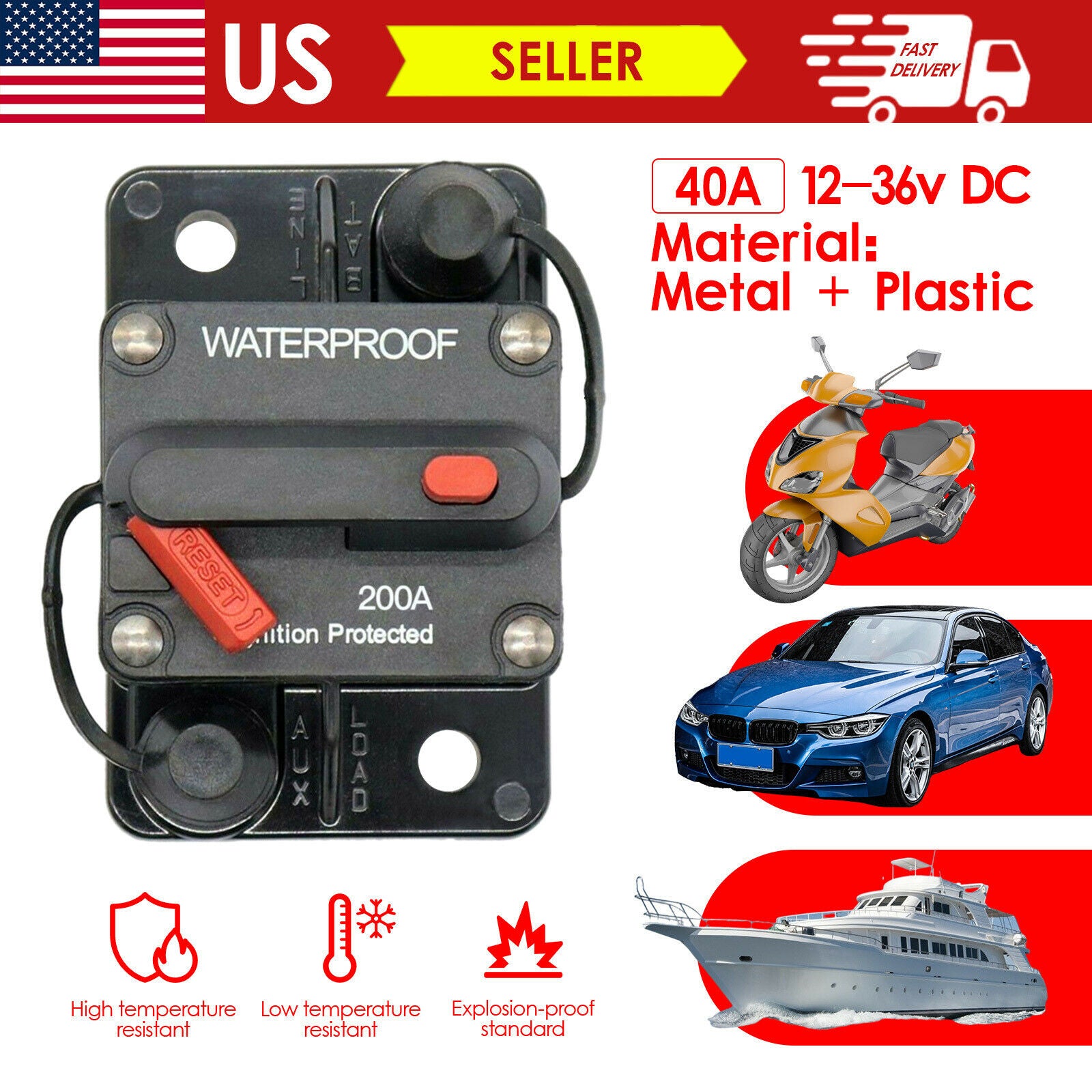 40A AMP Circuit Breaker Dual Battery Manual Reset Waterproof 12V 36V Fuse
