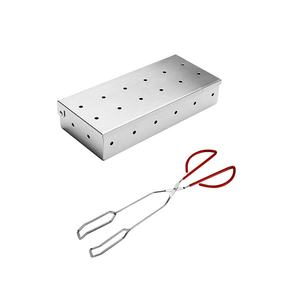 Stainless Meat  Barbecue Smoker Box For Wood Chips &Food Tongs