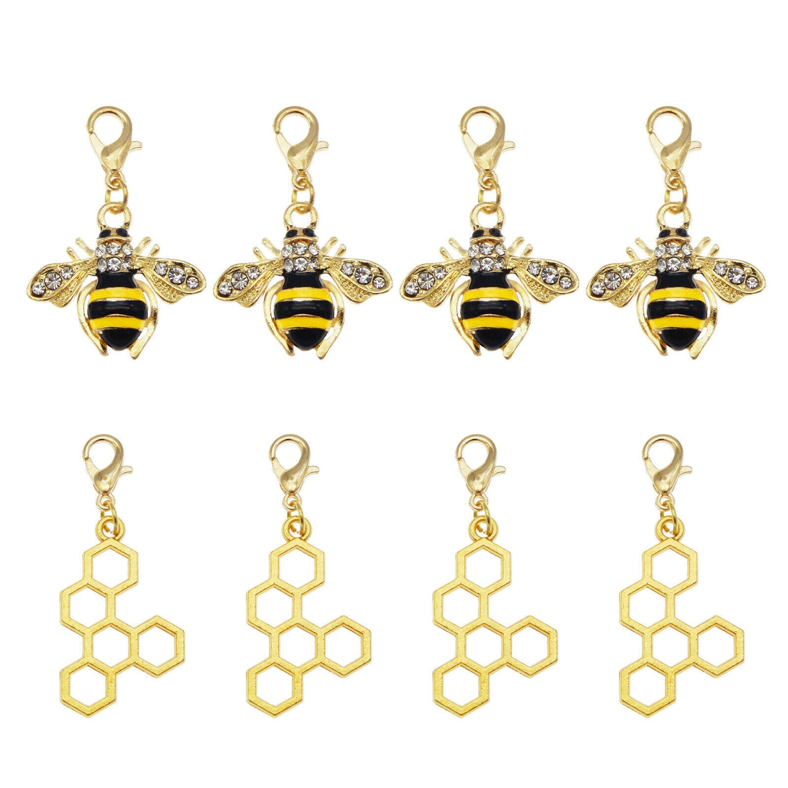 12PCS Alloy Honeycomb Enamel Charm Bee Rhinestone Pendant Lobster Clasp Jewelry