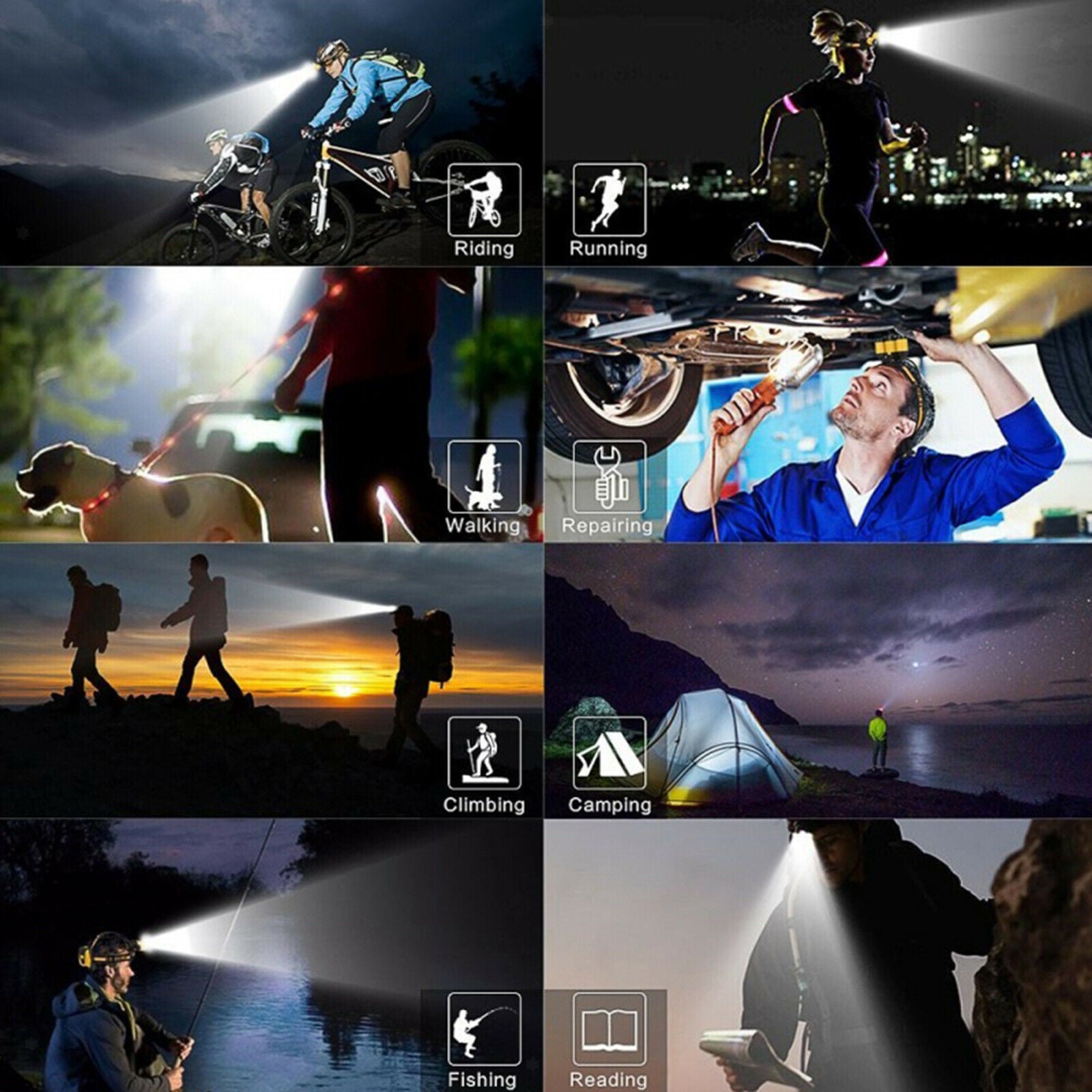 USB Headlamp Flashlight Motion Sensor Head Band Outdoor Headlight Camping