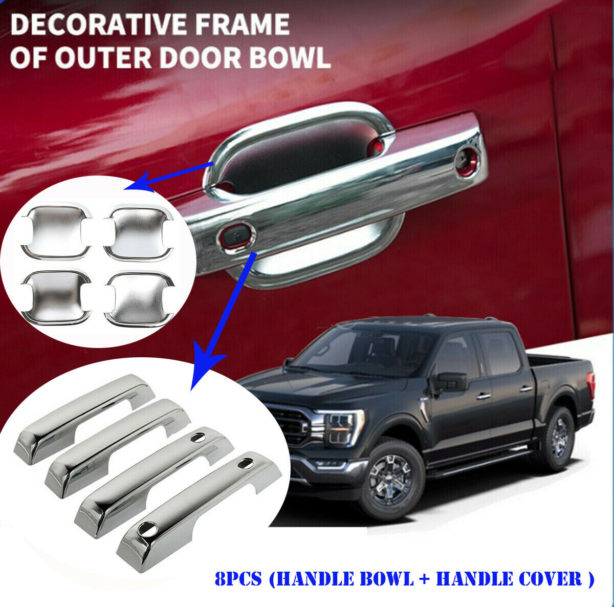 For Ford F150 F-150 2021-2022 ABS Chrome Outer Door Handle Bowl Cover Trim 8PCS