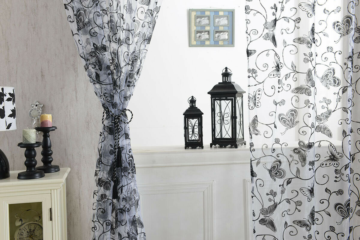 Butterfly Sheer Voile Window Treatment Curtain Drape Valance Black 1x2M
