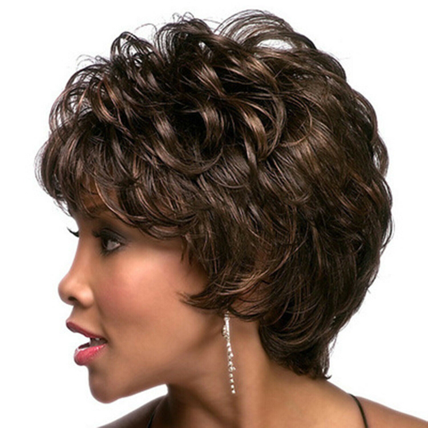 Short Curly Hair With Air Bangs And Fluffy For Women Parties Black Brown Mixed