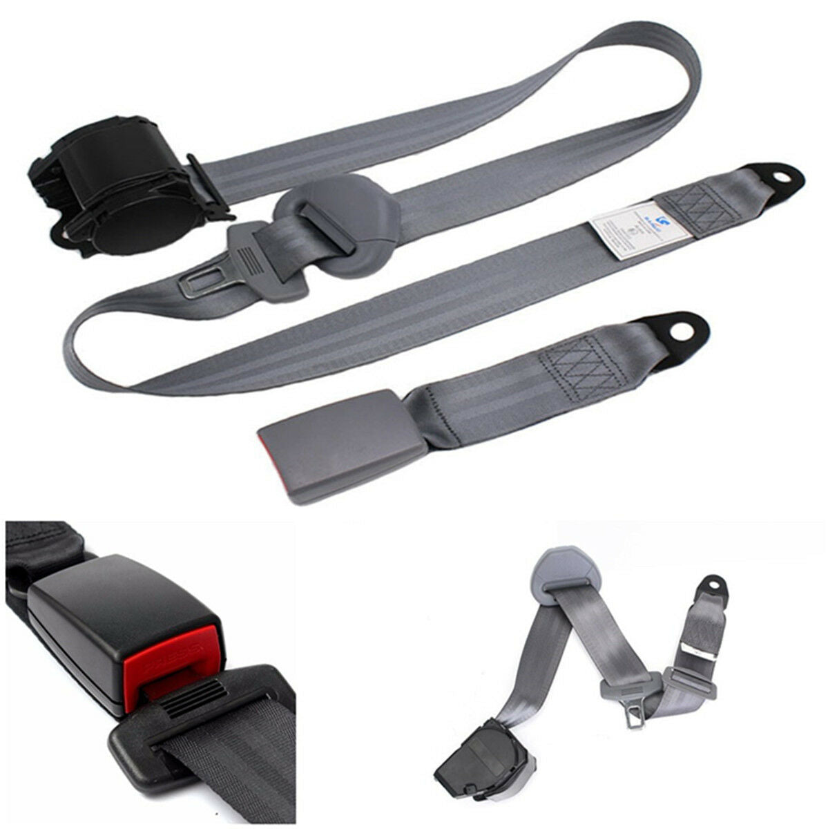 Retractable 3 Point Car Safety Seat Lap Belt Set Kit-Gray Heavy-duty Nylon Strap