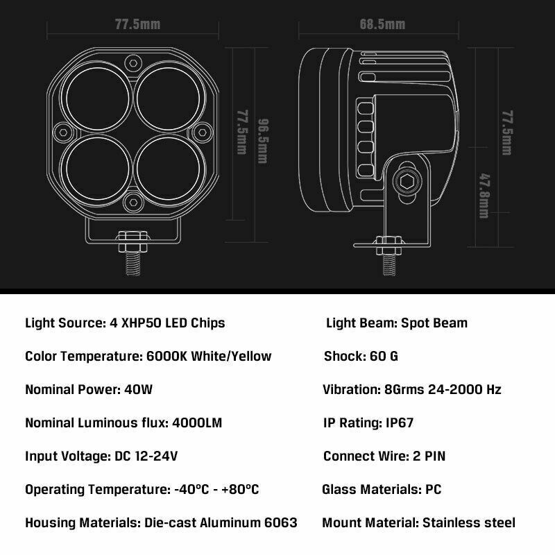 2X 3 in 40W LED Work Light Spot Pods Bar Driving Amber Fog Lamp Offroad Truck