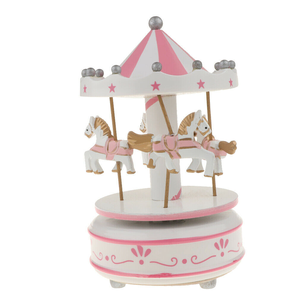 Wooden Merry-GO-Round Carousel Music Box  Wind Up Music Box  Pink