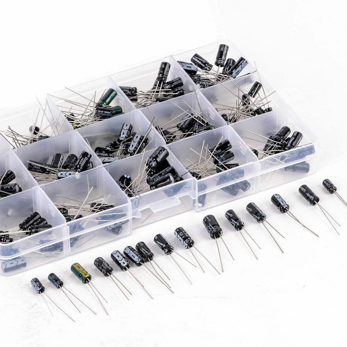 200pcs DIY 15 Values 0.1uF-220uF Electrolytic Capacitor Assortment Kit with Box