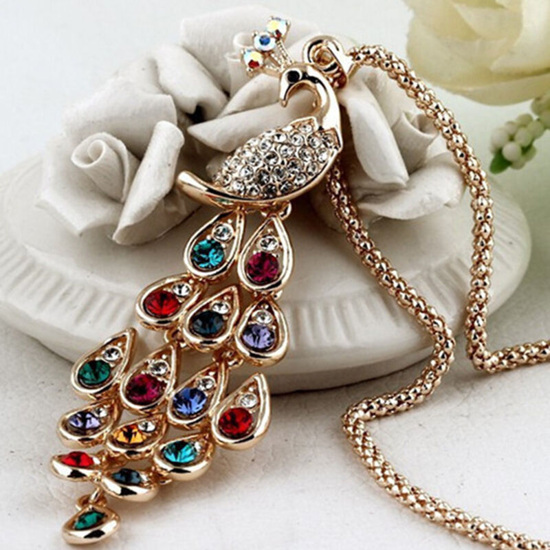 Trendy Peacock Pendants Long Colorful Crystal Necklace for Women Beauty Lt