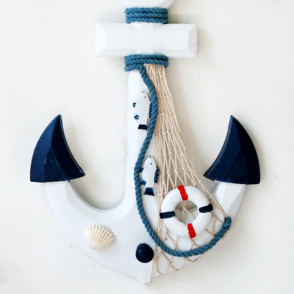 Wooden Nautical Anchor Hanging Decoration Coastal Plaque Blue and White b