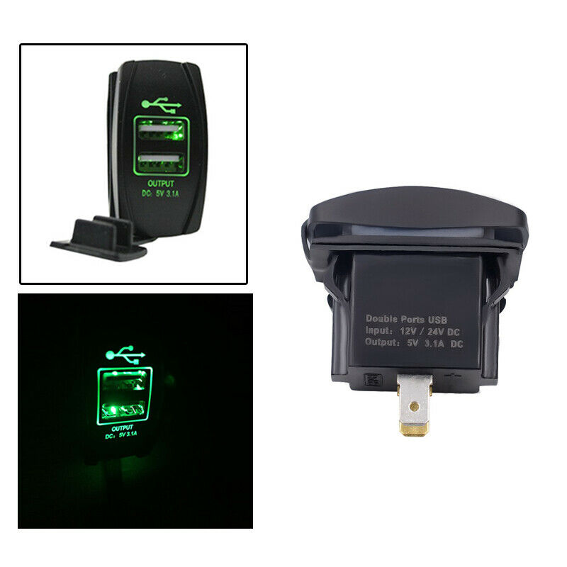 Dual USB Power Charger Toggle Rocker Switch Green LED Light Waterproof Car Boat