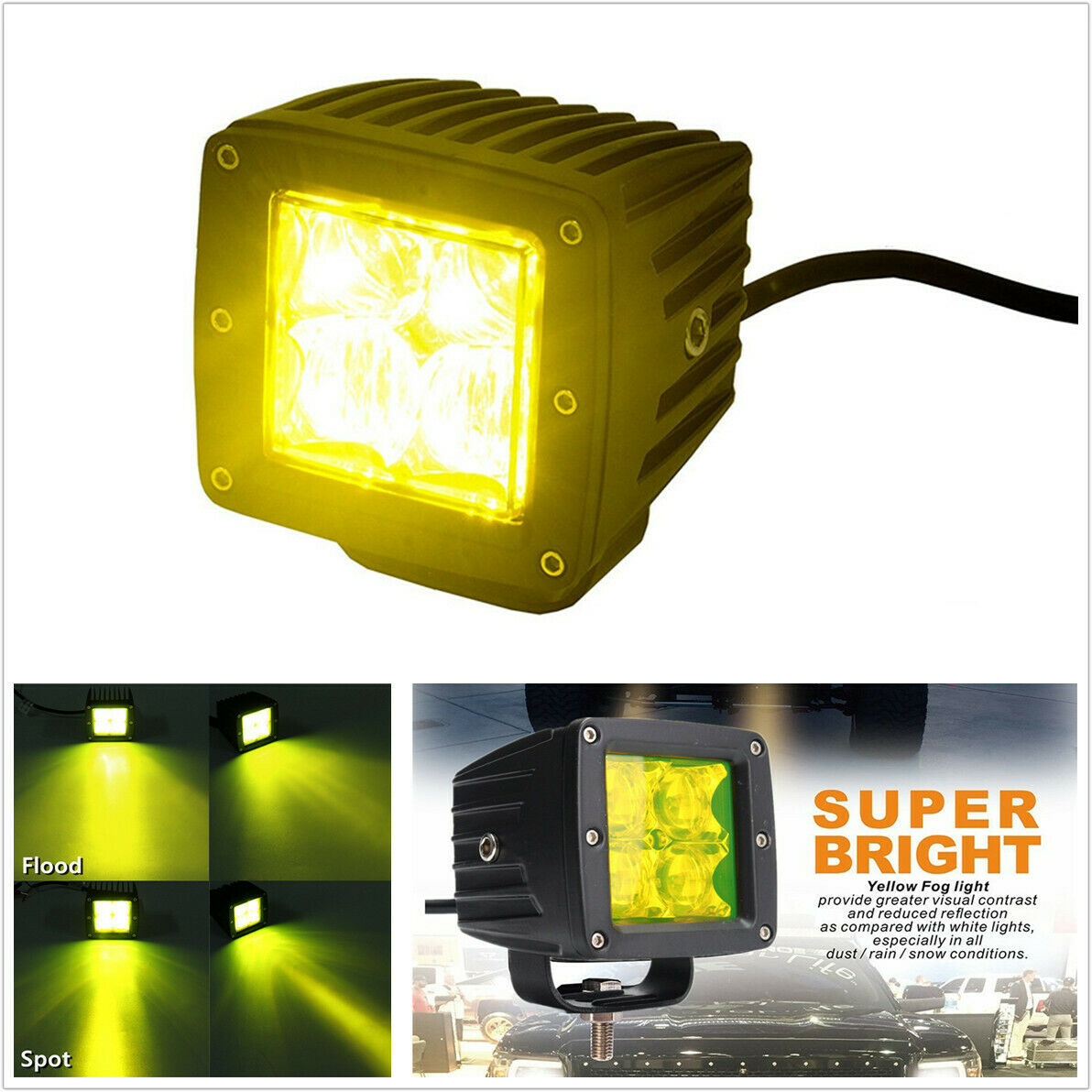 4" 16W 5D LED Super Bright Yellow Cube Car Offroad Work Light Driving Fog Lamp