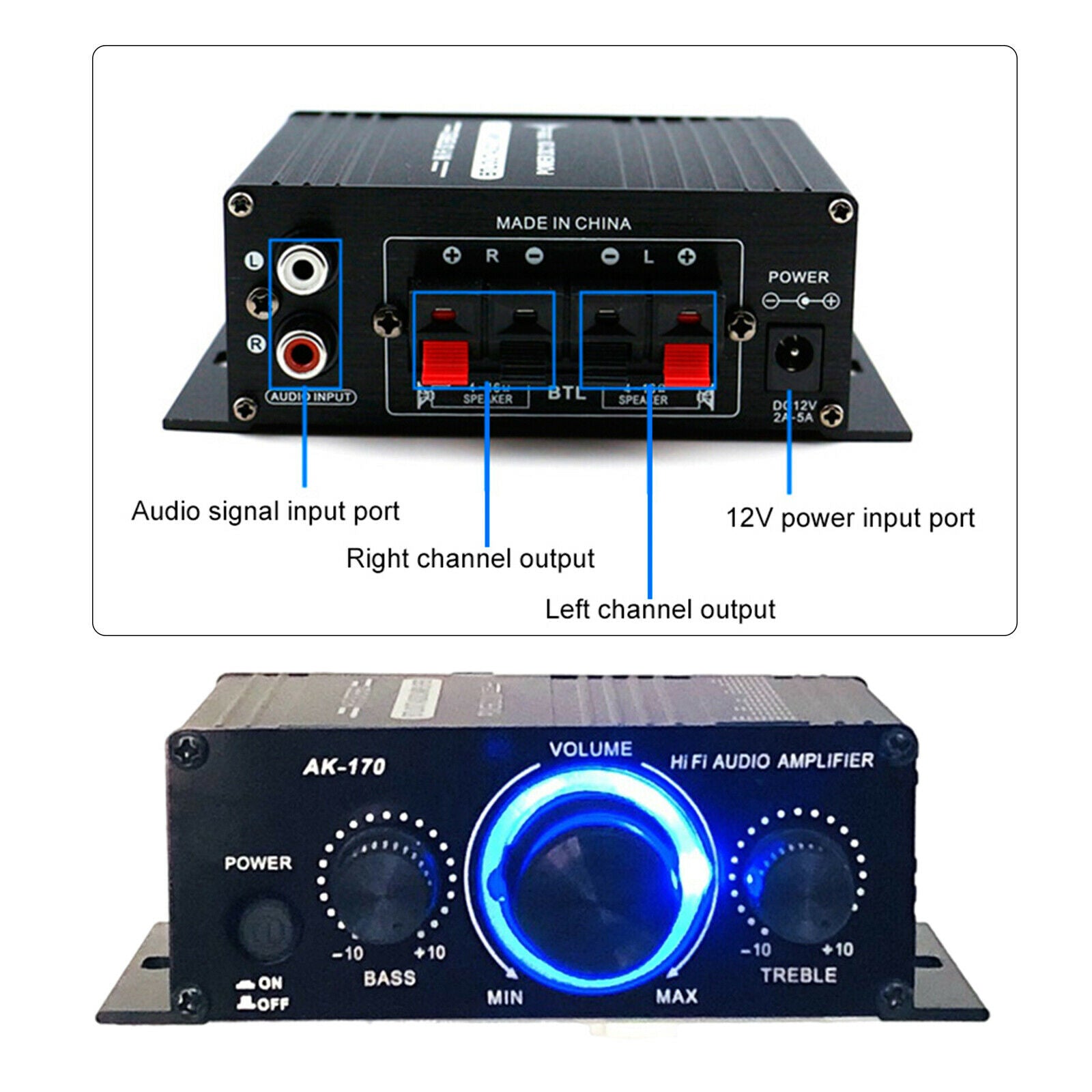 AK170 Power Amplifier Audio Receiver Dual Channel Bass Treble Subwoofer
