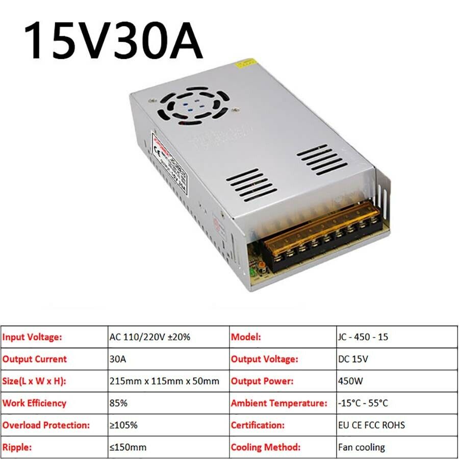 15V 30A 450W Fiberglass Panels Regulated Switching Power Supply PSU DC