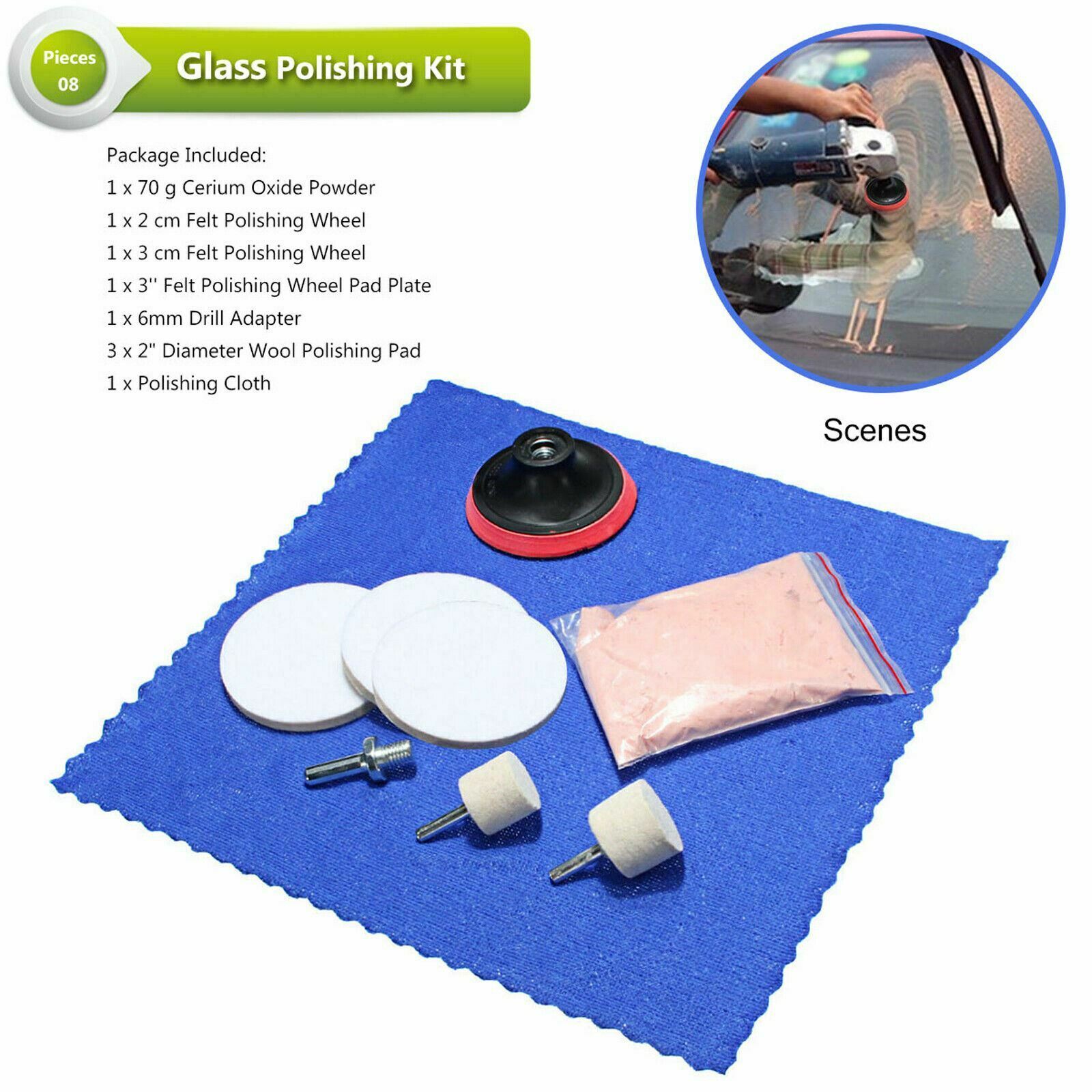 8Pcs Glass Windscreen Scratch Remover Cerium Oxide Powder 70G Pad Polishing Kit