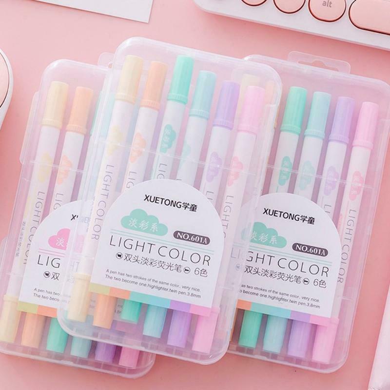 6 Colors Double Head Highlighter Fluorescent Markers Drawing Pen Stationery Gift