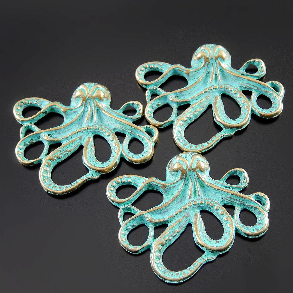 5 pcs Antiqued Zinc Alloy Green Squid Charms Pendant Findings 43x25mm 52077