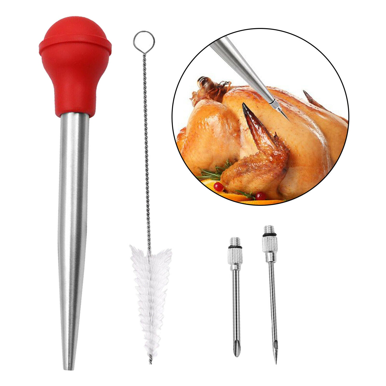 Stainless Turkey Baster Injector Needle Silicone Bulb for Basting Kitchen red
