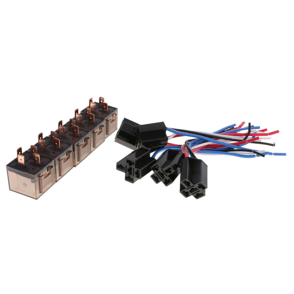 Set of 5x Relay SPDT Car Truck 12V 80A Relay 5 Pins And 4 Wires Harness
