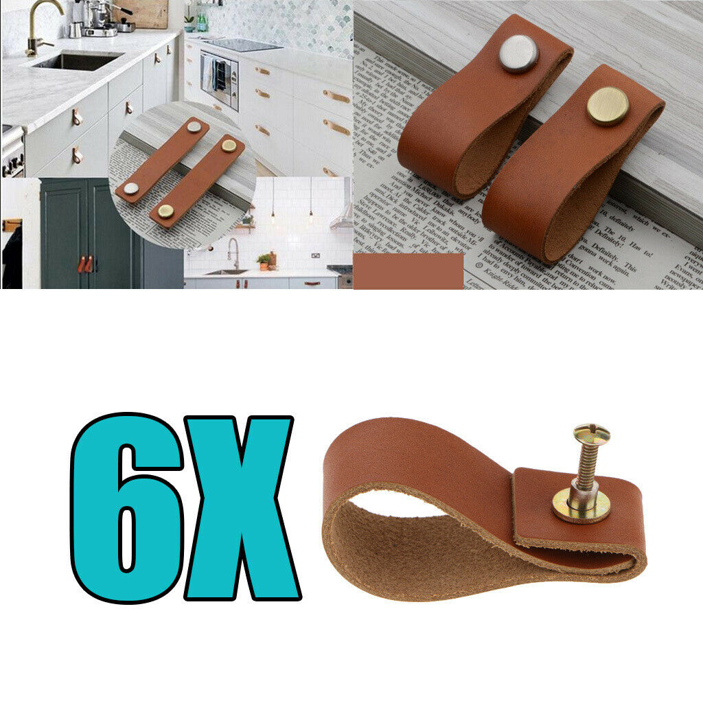 6Pcs PU Leather Cabinet Pulls Cupboard Drawer Dresser Door Knob Handle