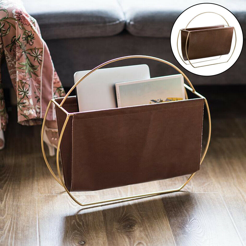 Magazine Rack Metal Desktop Newspaper Files Holder Organizer PU Pocket Elegant