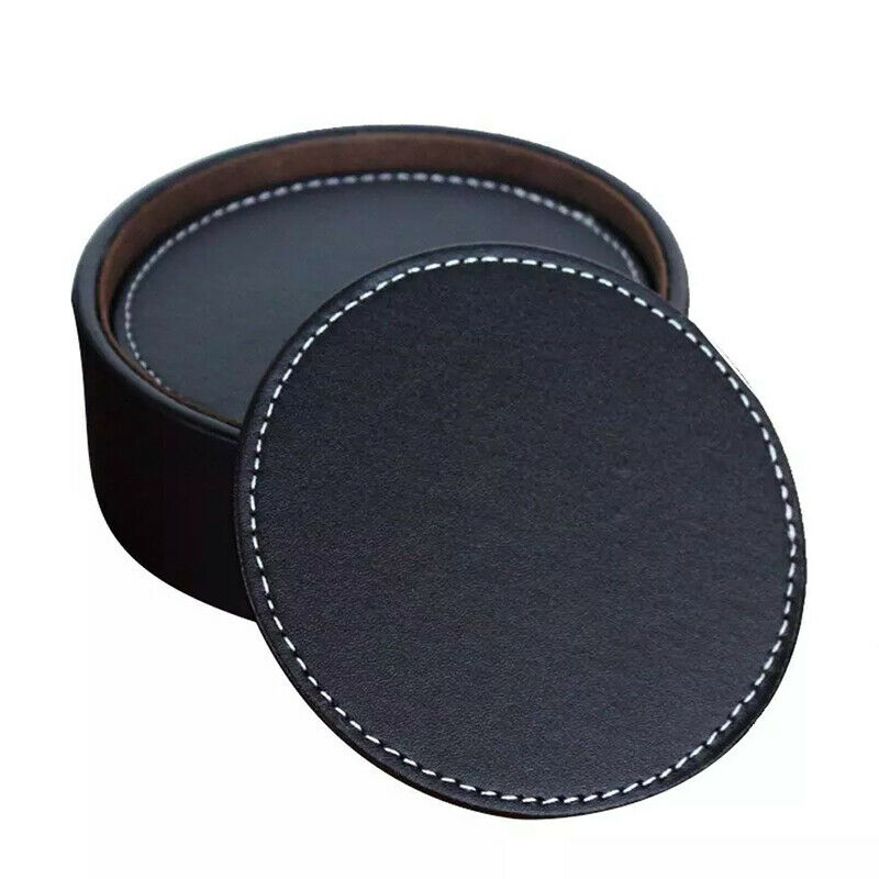 Set of 6 Black Round Leather Coffee Mug Drink Coasters Table Cup Mat  FTDFAU