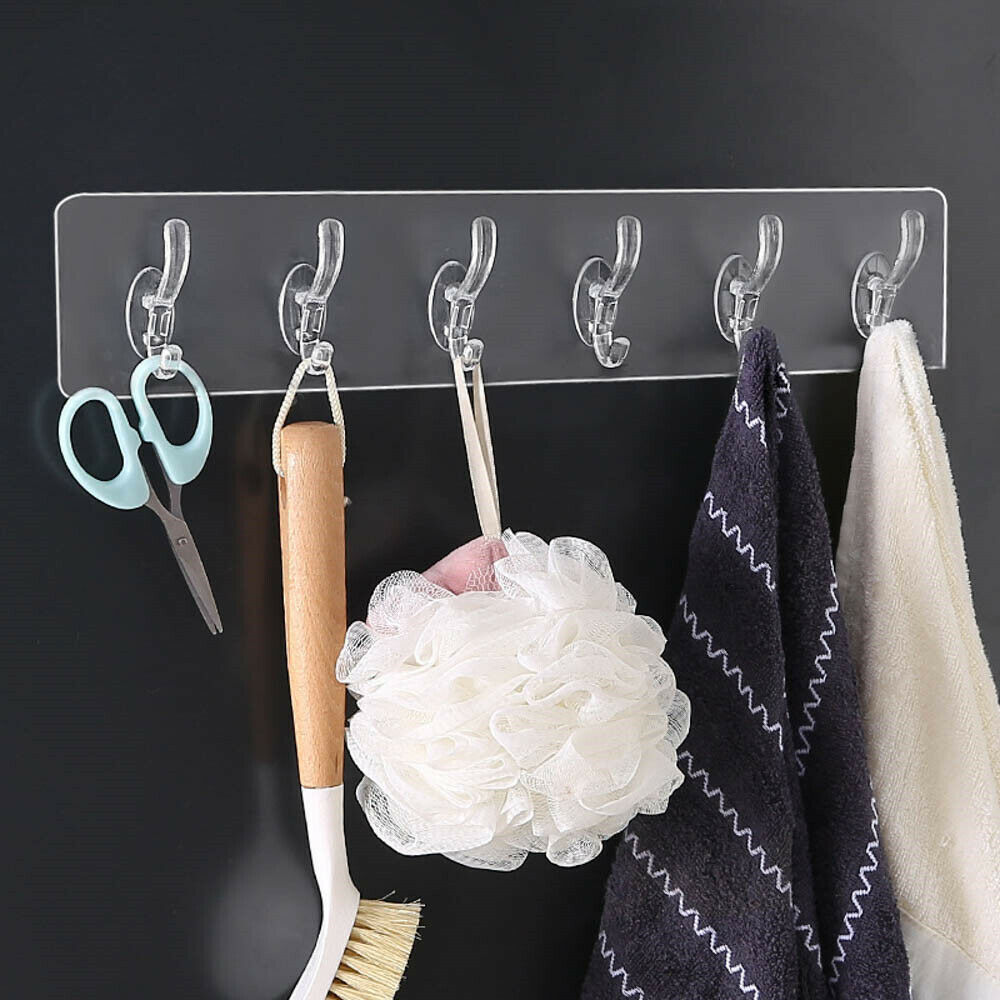 1* A Row of 6 Adhesive Sticky Hooks Heavy Duty Wall Seamless Clear Hooks Hangers