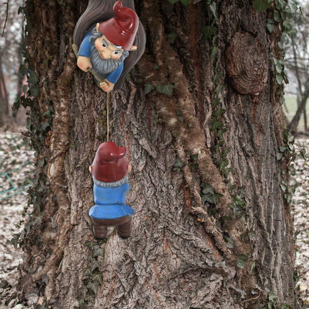 Garden Sculpture Cartoon Dwarf Climbing Tree Hanging Ornaments Tree Decor .