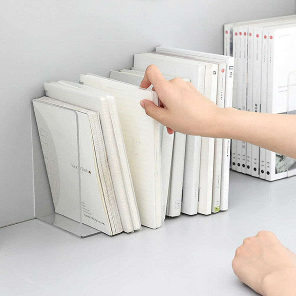 2Pc Transparent Bookends Book Display Stand Holder Frame Document Desk Organizer