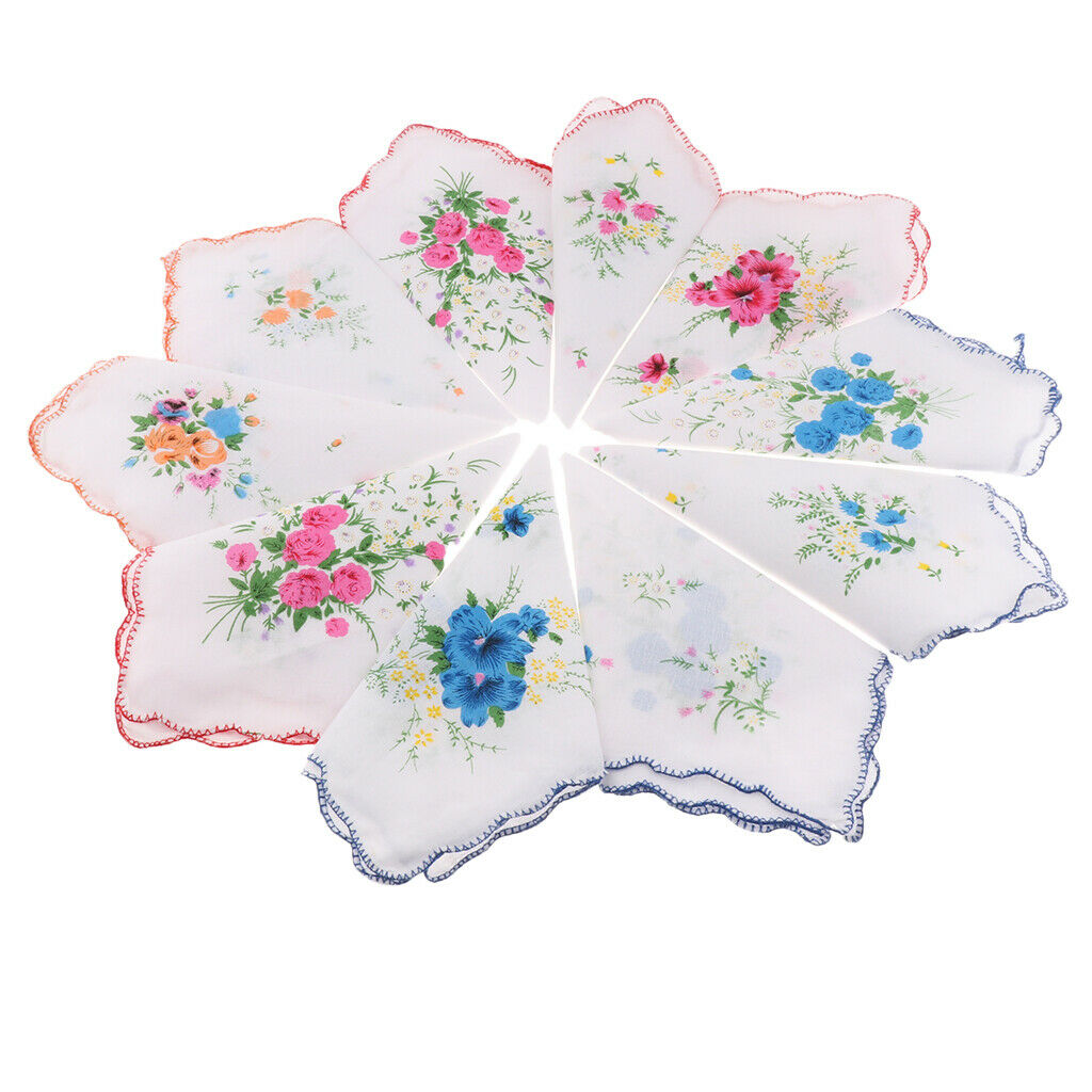 10pack Womens White Handkerchiefs Square Hankies Pocket Hanky Coloured Floral