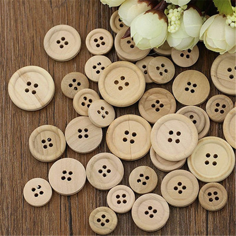 50X Mixed Wooden Buttons Natural Color Round 4-Holes Home Sewing Scrapbooking