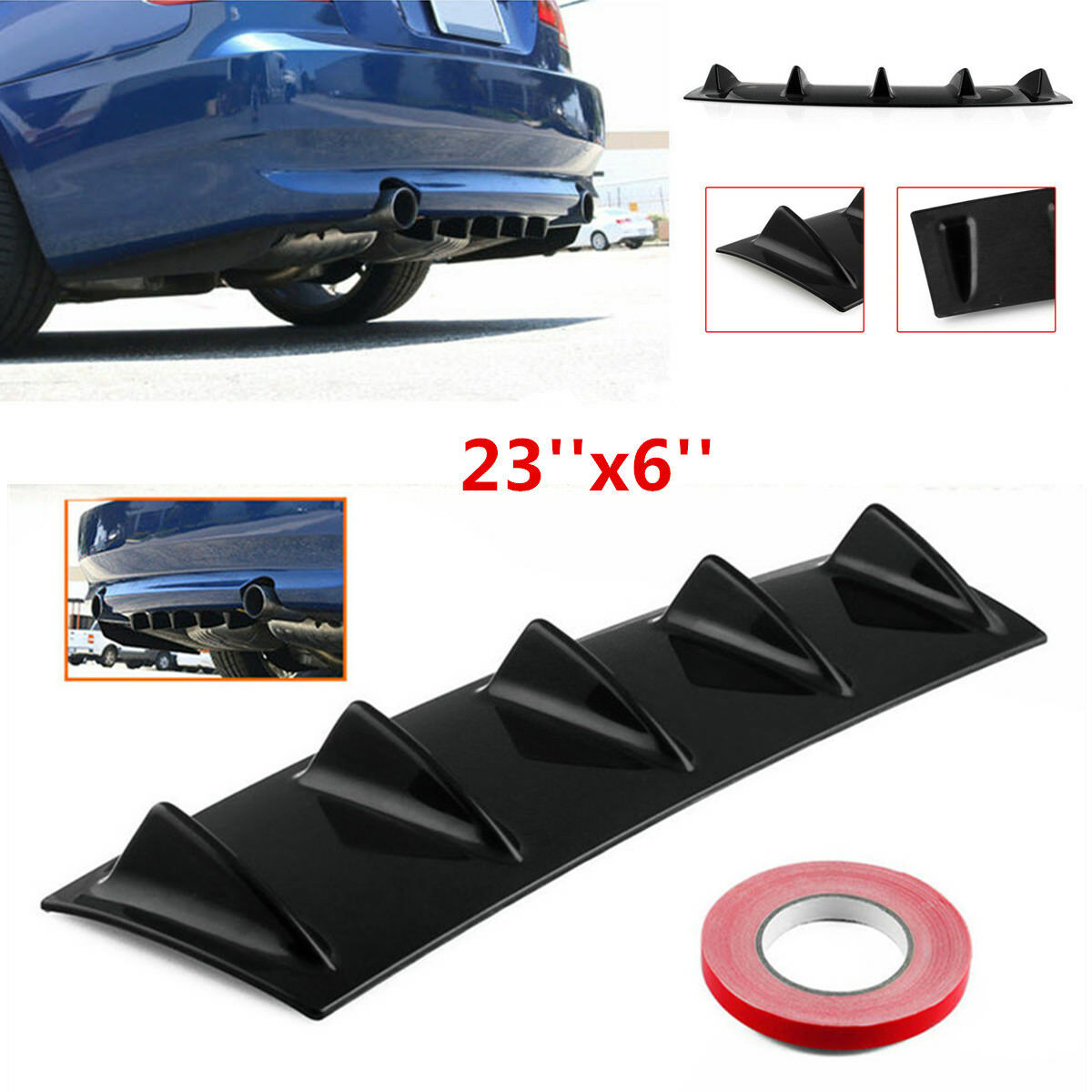 23'' x6'' Gloss Black Universal Car Lower Rear Bumper Lip Diffuser Spoiler 5 Fin