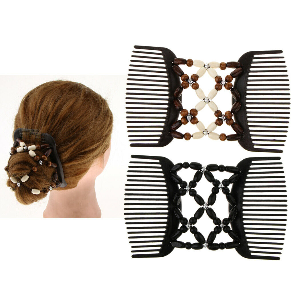 2 Pieces Double Hair Comb Clip, Magic Wood Beads Combs, Stretchy Hair Bun Beauty