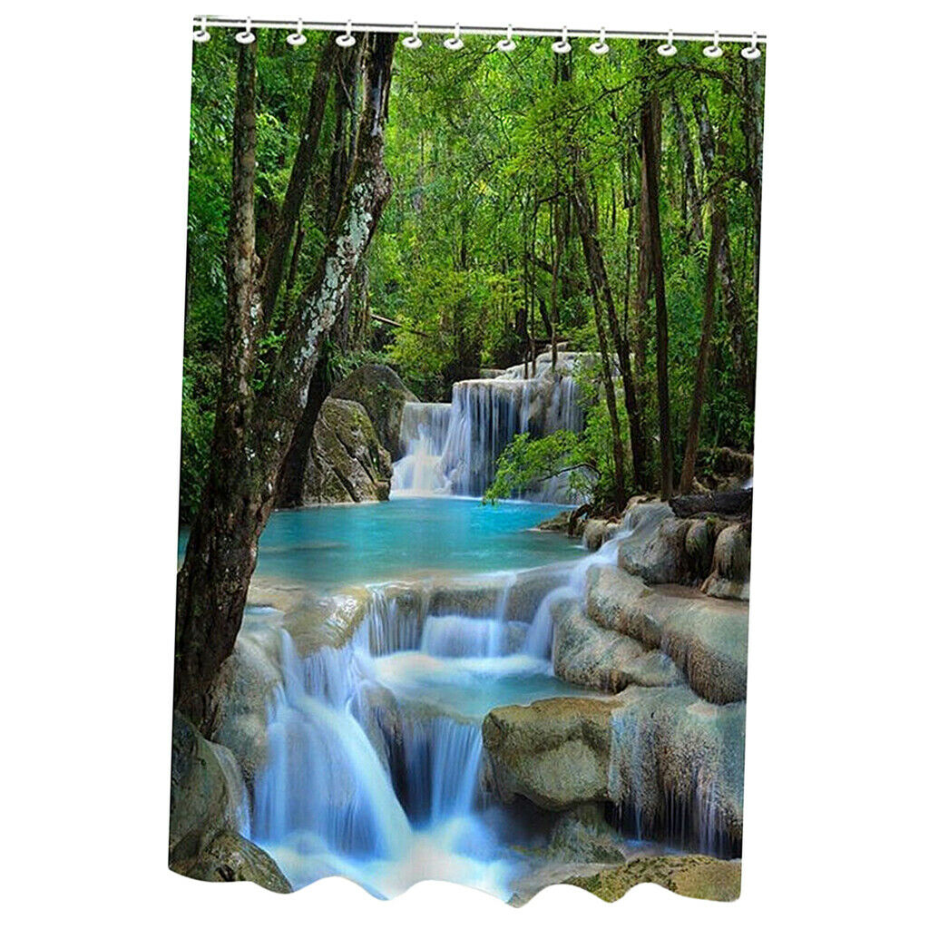 Polyester Waterfalls Nature Landscape Shower Curtain Hook Set Washable