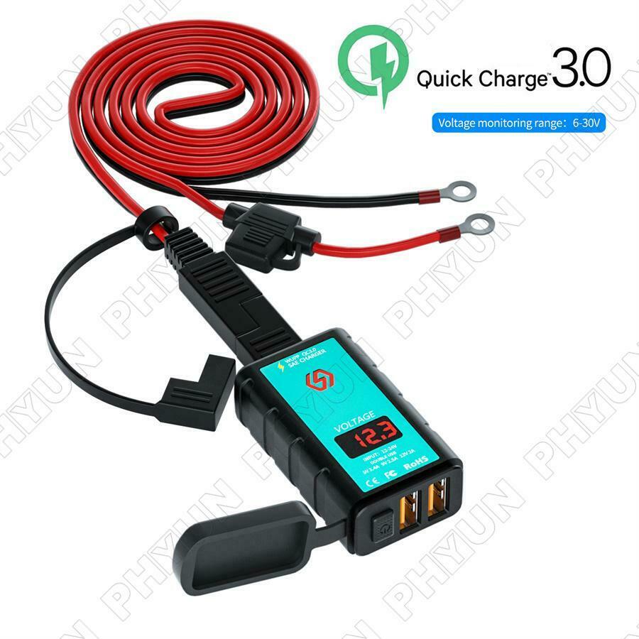 Motorcycle Scooter Dual USB Fast Charger w/ Voltmeter Power Switch SAE Socket