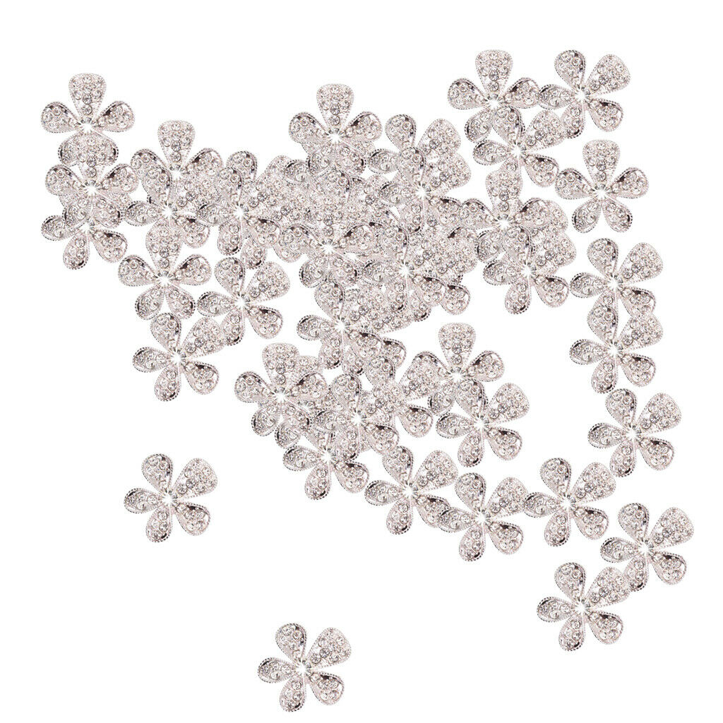 50xSilver Crystal Rhinestone Flower DIY Embellishments Flatback Buttons DIY