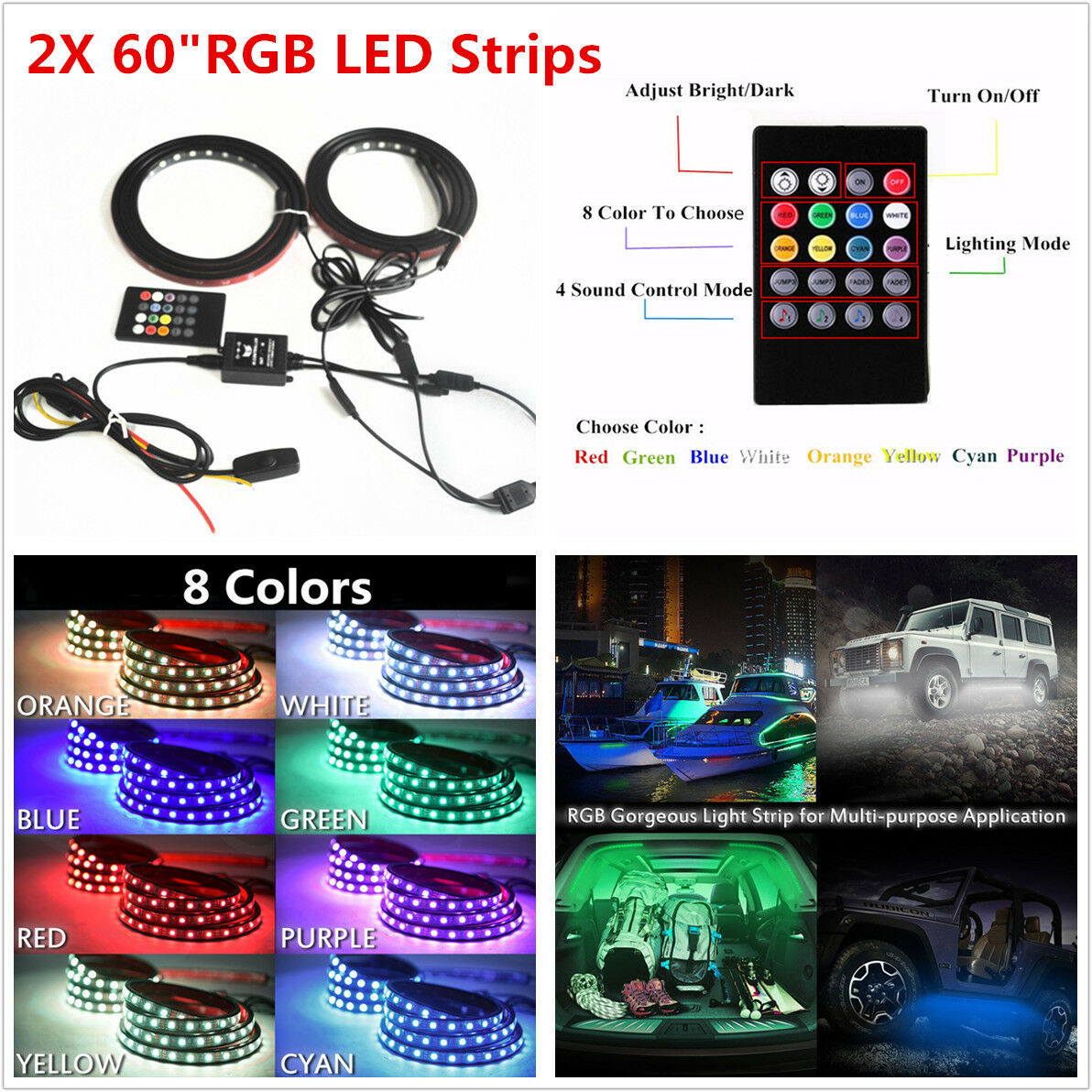 RGB LED Car Truck Bed Light Tailgate Strip Neon Glow Lamp w/Remote Music Control