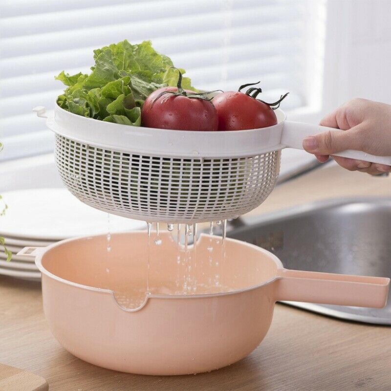 Plastic Handles Rice Wash Basket Double-Layer Drain Basket Kitchen Fruit VegS8Q3