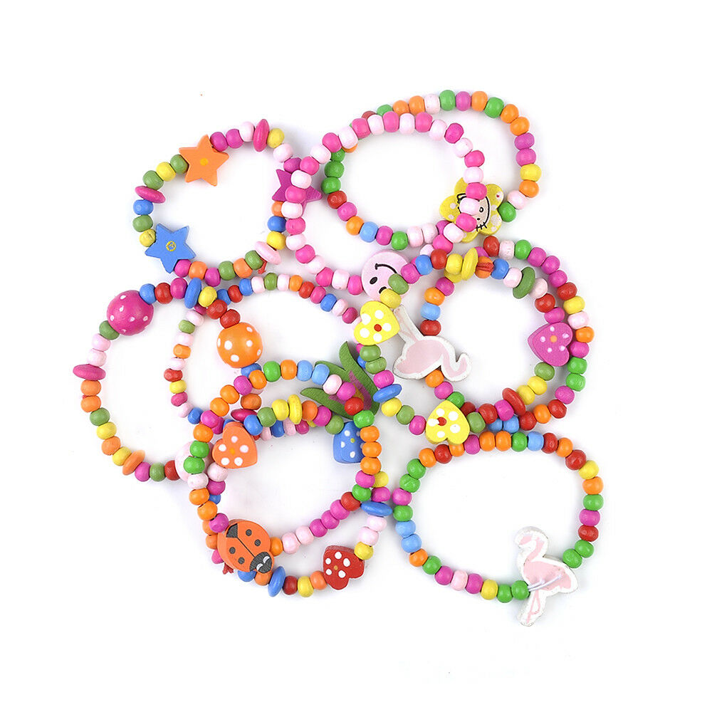 12 x Lovely Kids Children Wood Elastic Bead-Bracelets Birthday Party Jewelry