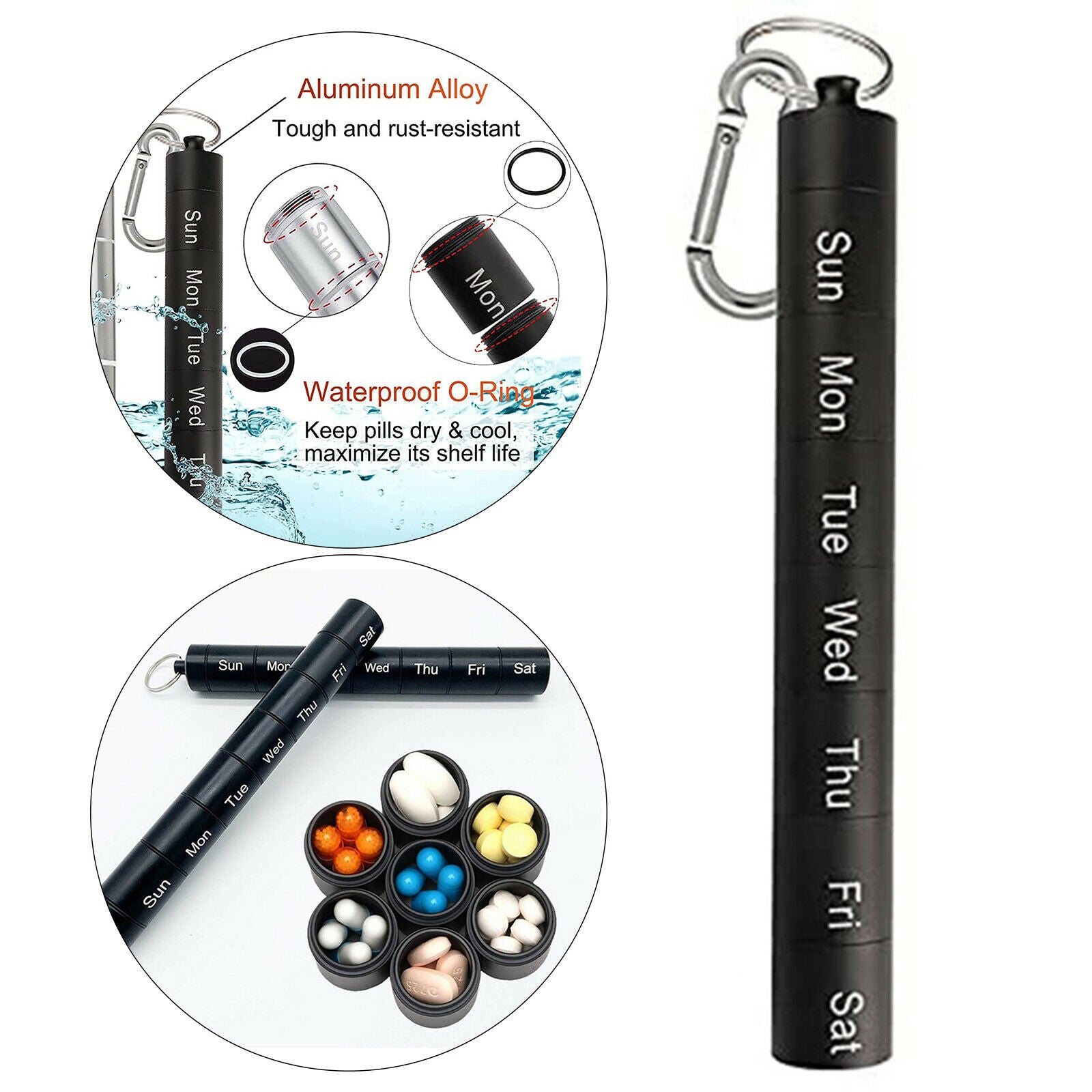 Pill Organizer 7 Day Daily Pill Case Waterproof Pill Tube Holder  Black