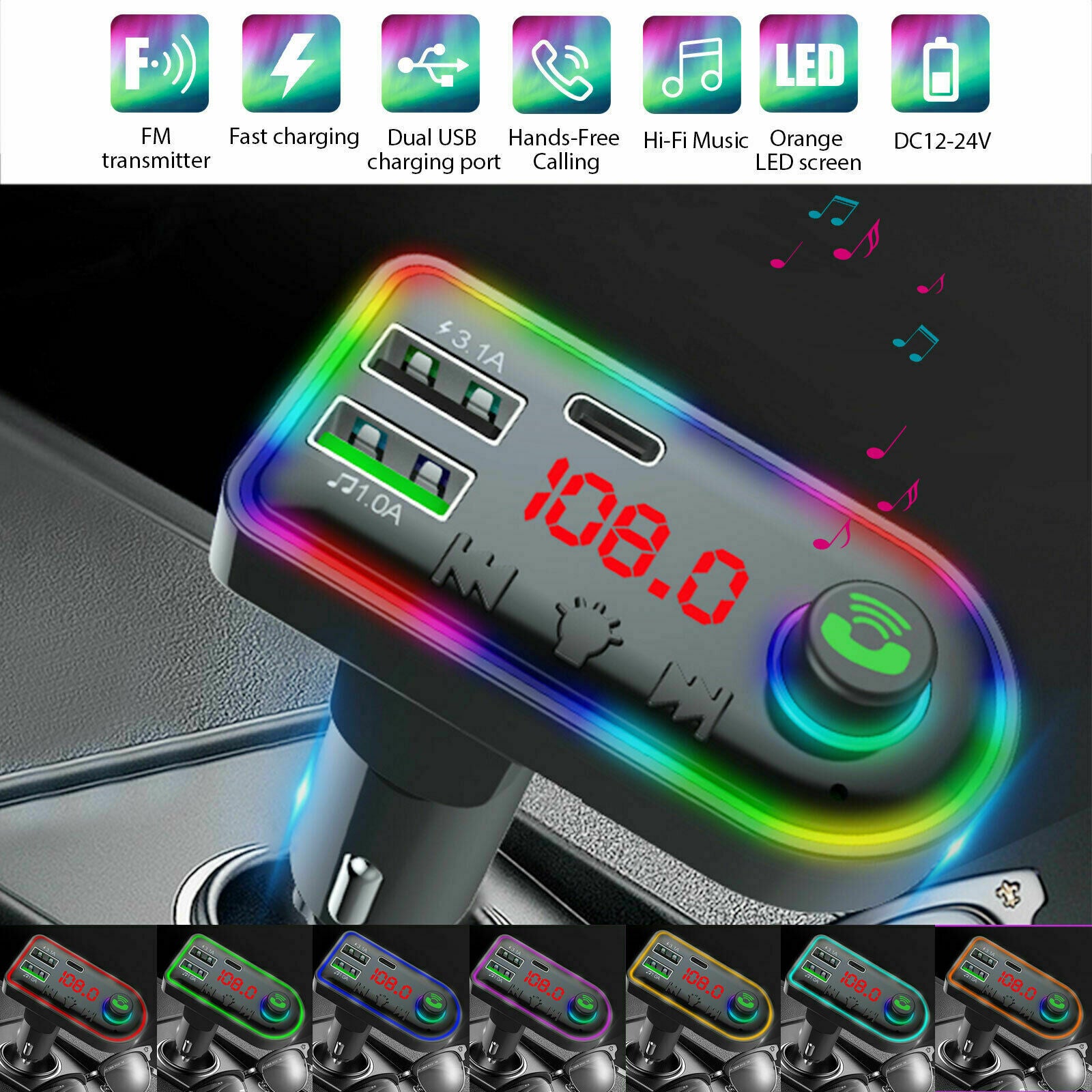 Auto Bluetooth FM Transmitter Wireless Audio Adapter Car Type-C Dual USB Charger