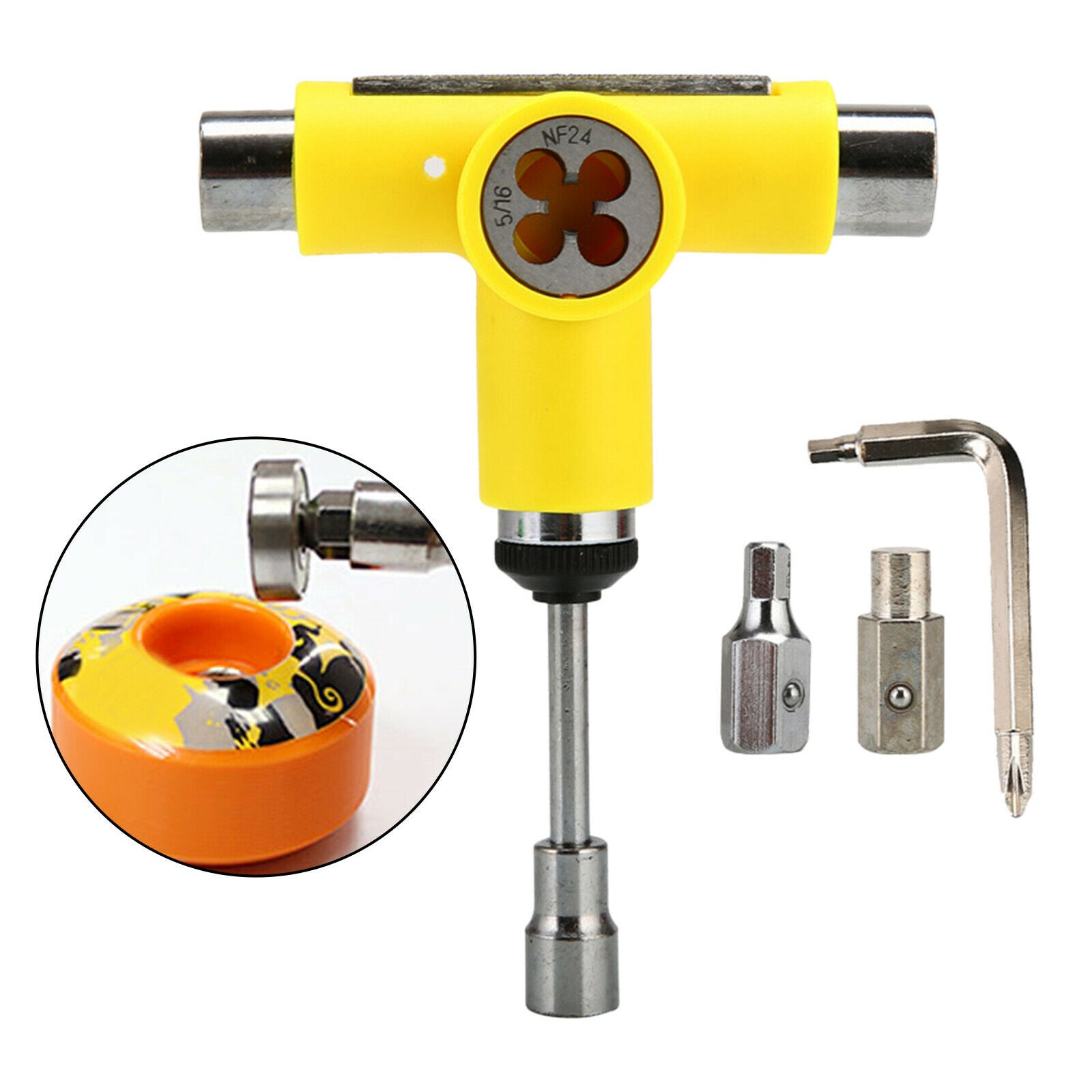 Multi Skateboard Roller Skate T Shape Tool Wrench with L Spanner Yellow