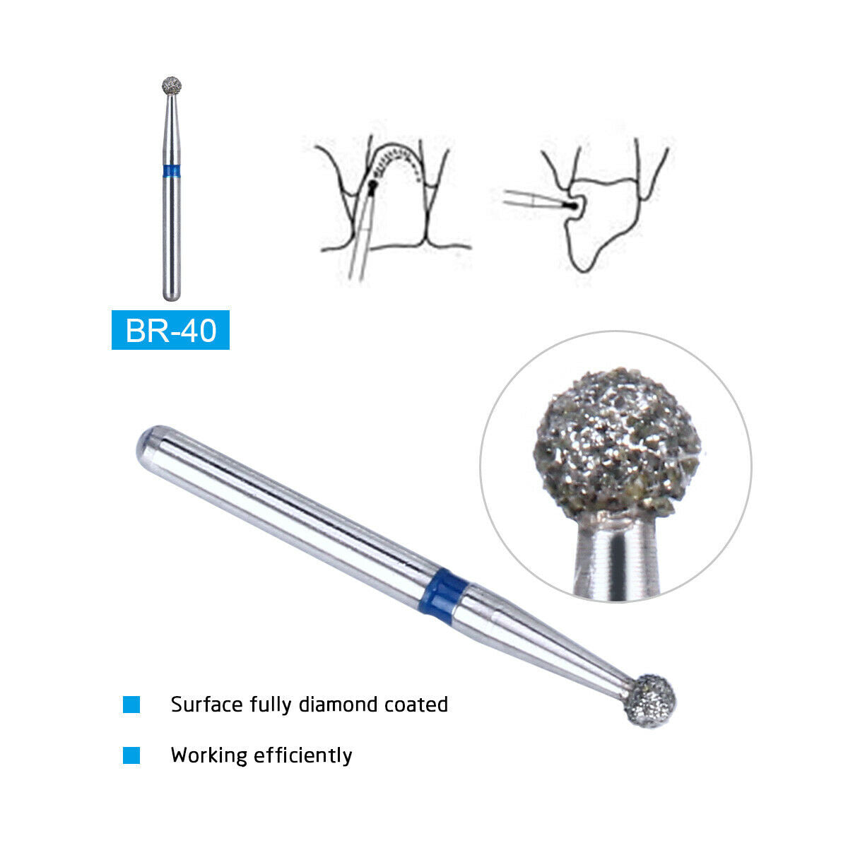 50XDental Two-tier Diamond Burs BR-40 for High Speed Handpiece FG Ball Round end