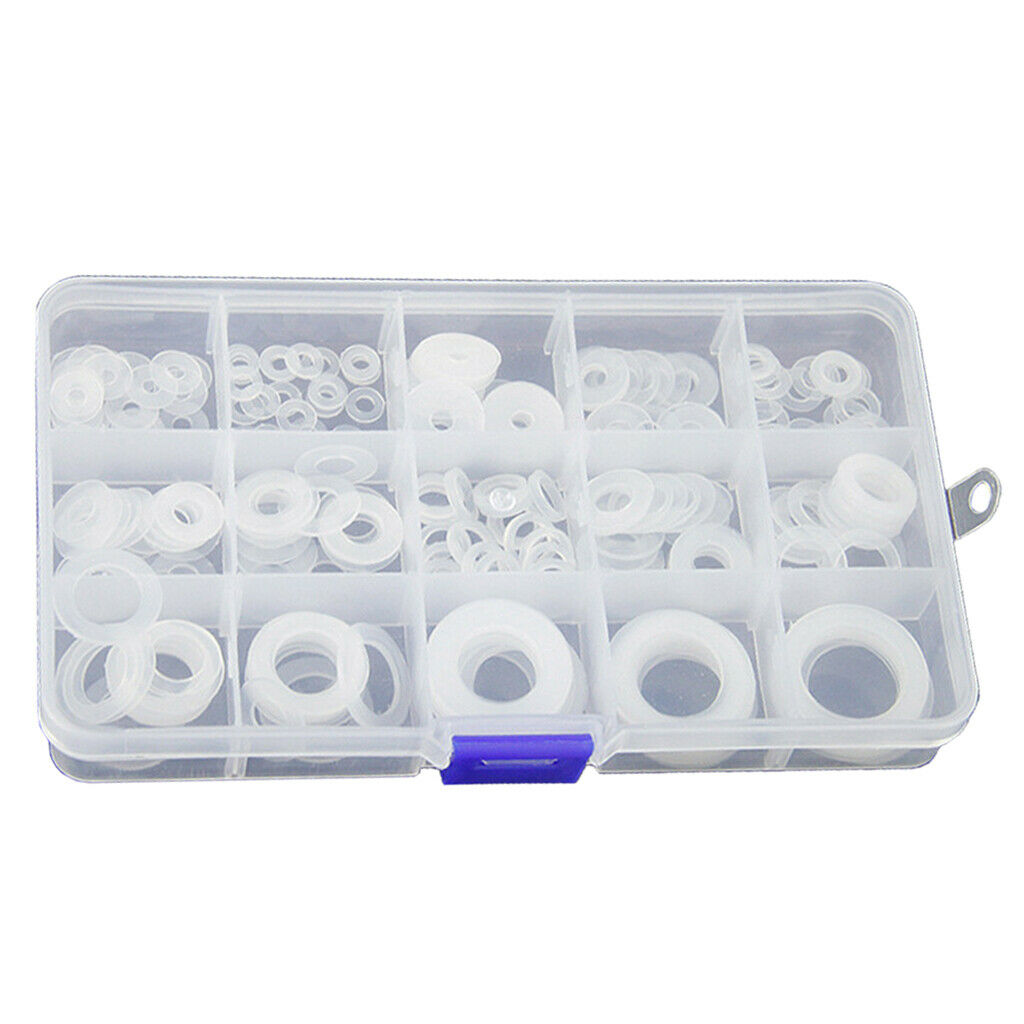 250Pcs White Nylon Washer Flat Washer Gasket Ring Seals Kit w/ Storage Box