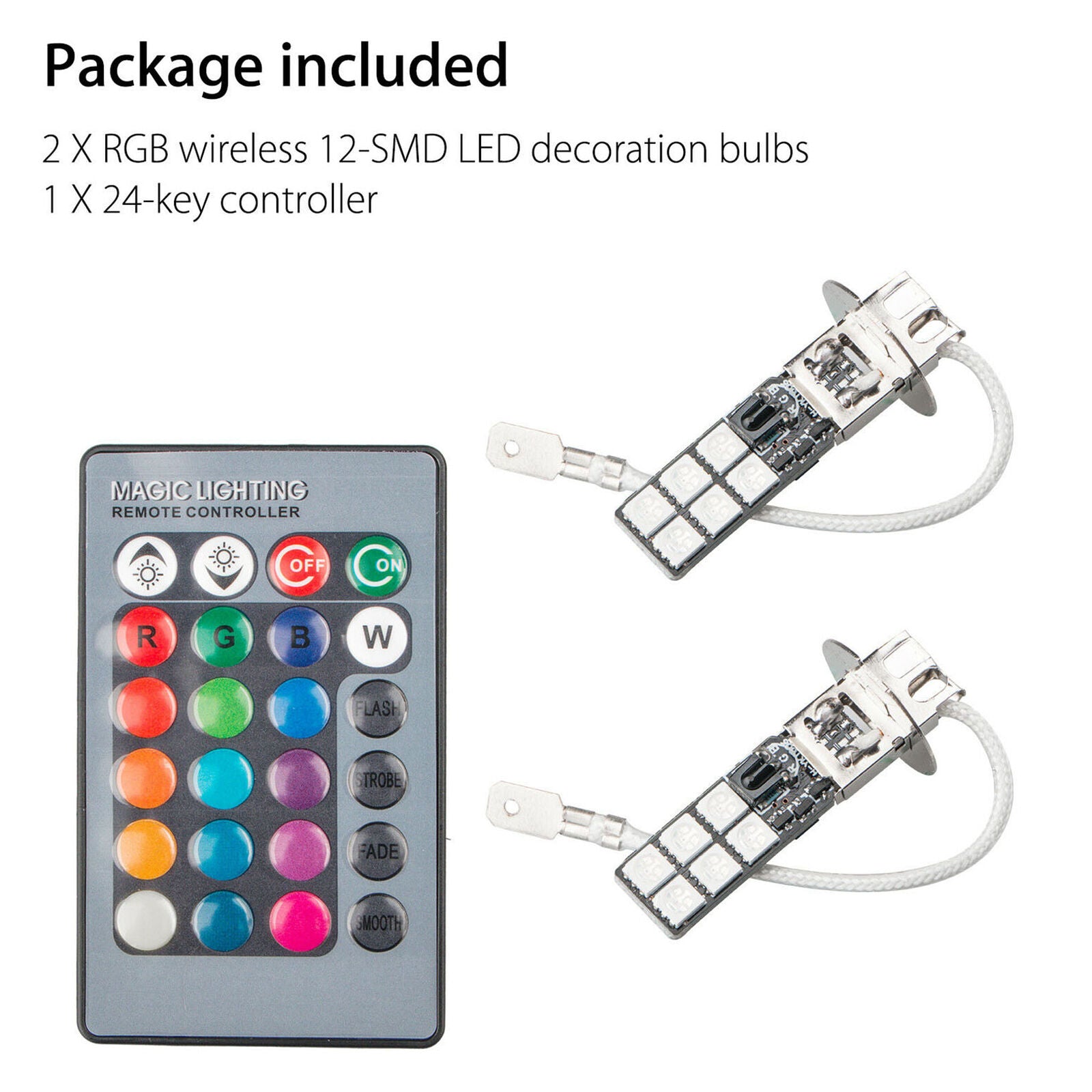 2x H3 5050 RGB LED 12SMD Auto Car Headlight Fog Light Lamp Bulb + Remote Control
