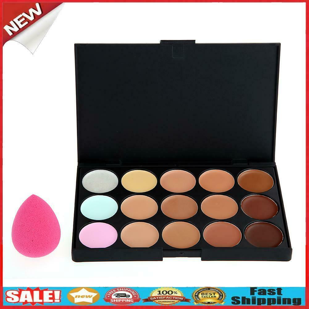 15 Colors Makeup Concealer Palette + 8PC Powder Brush + Sponge Foundation @
