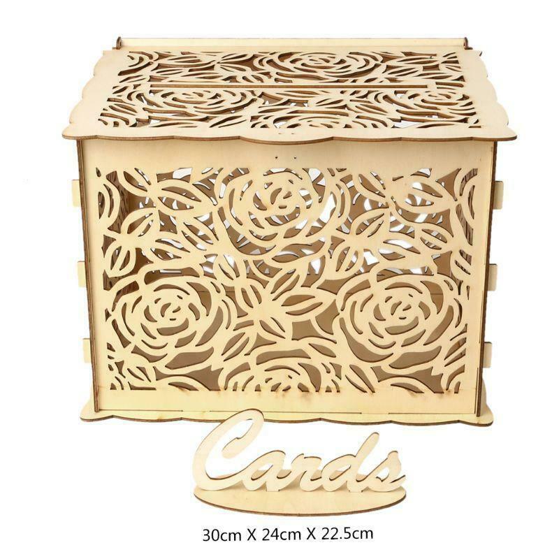 DIY Wedding Gift Rose Flower Wooden Card Money Box Case With Lock Rustic Party