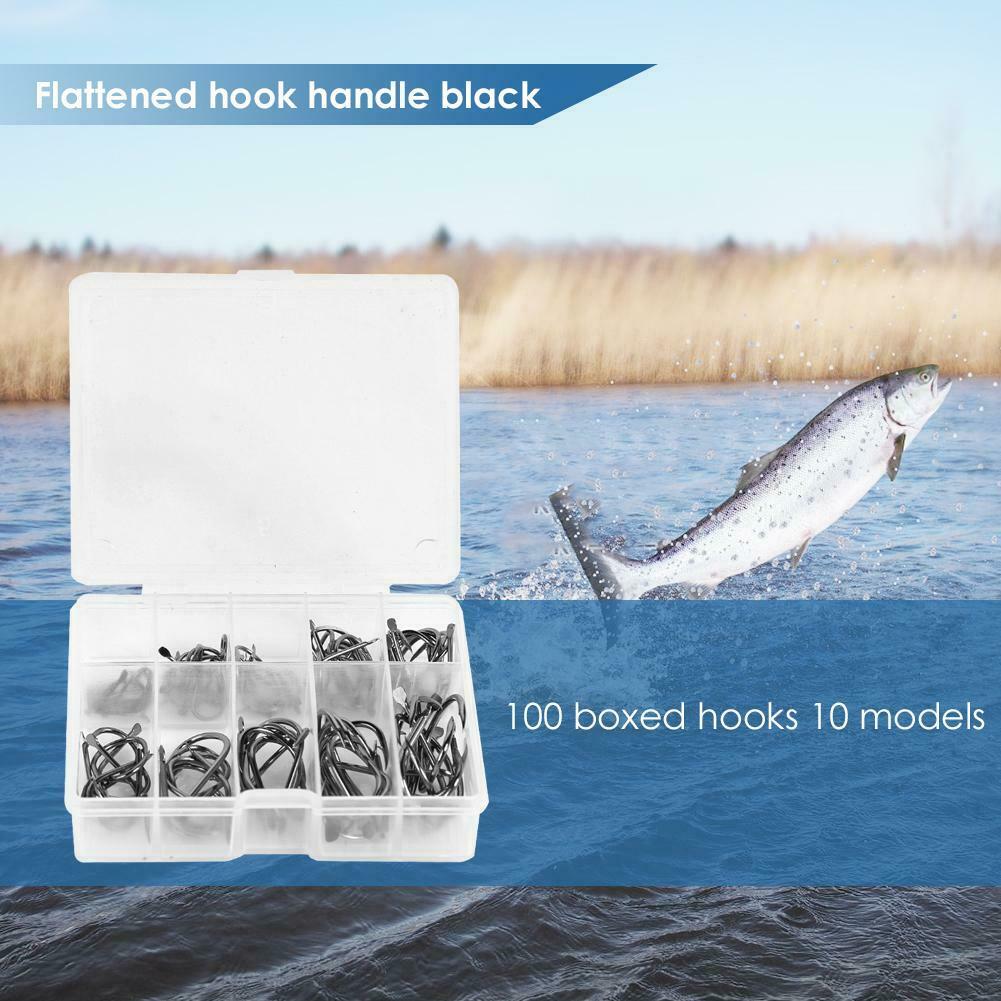 100pcs/box Steel Fishhooks Black Flattened Fishing Hooks Set with Barbed @