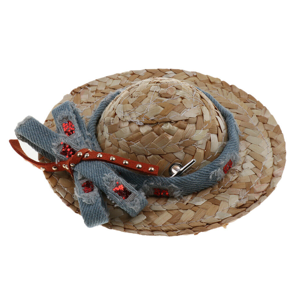 Pet Dog Cat Party Costume Accessory Straw Sombrero Hat Adjustable Buckle Denim M