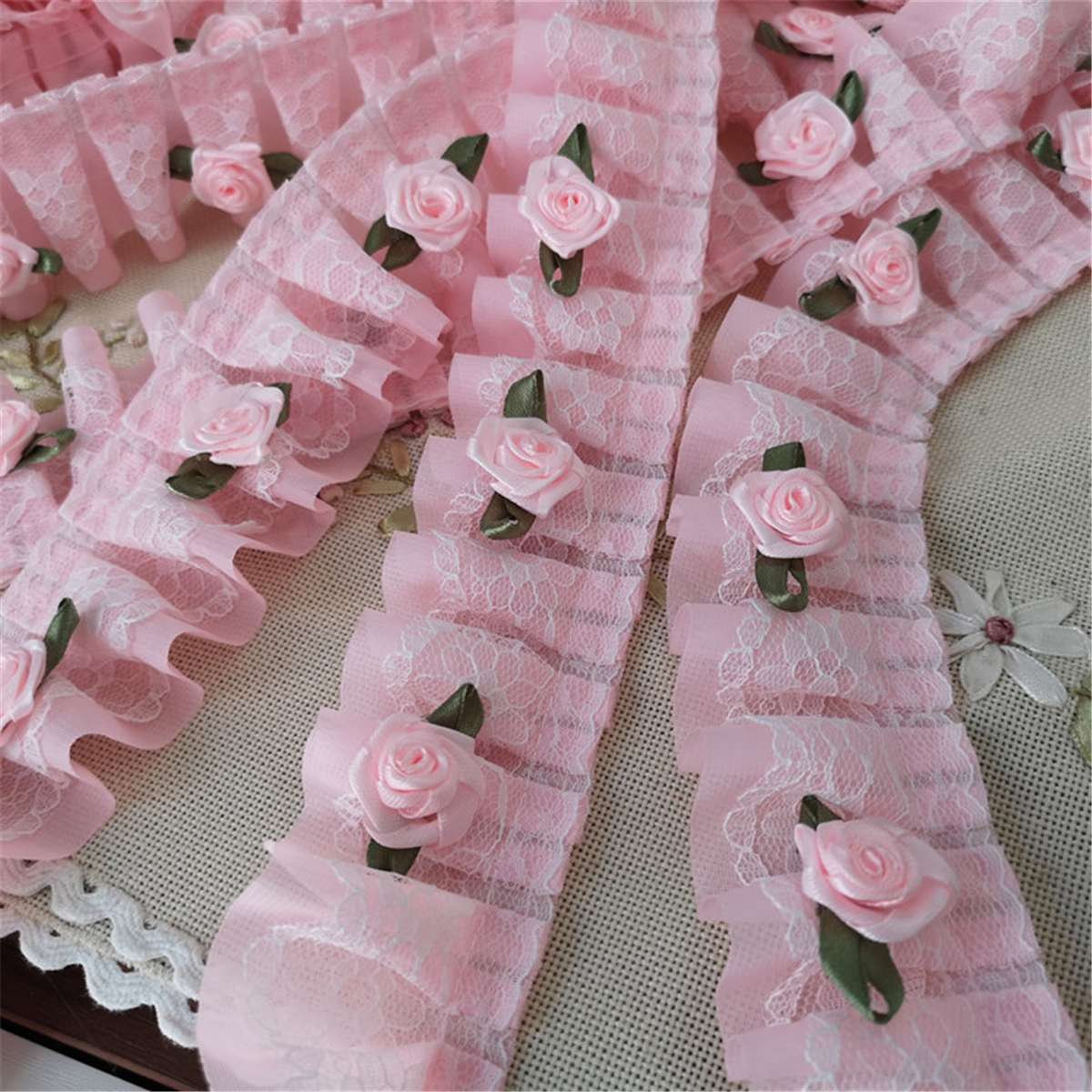 3Pc Camellia Ruffled Flower Lace Trim Applique 1yard Chiffon Rose Bridal Wedding
