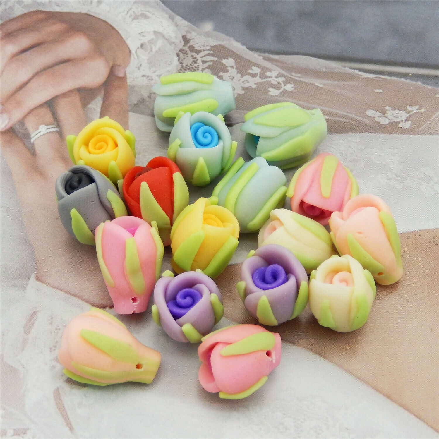 10PCS Bulk Polymer Clay Rose Flower Bead Bracelet Necklace Jewelry Craft 12x16mm